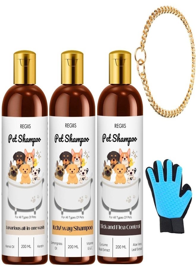 مجموعة ريجيس للعناية بالحيوانات الأليفة، 3 أنواع من شامبو الكلاب سعة 200 مل لكل منها مع قفاز للعناية، غسول شامل، للتحكم في الحكة، ومكافحة القراد والبراغيث (عبوة من 5 قطع) - Image 1